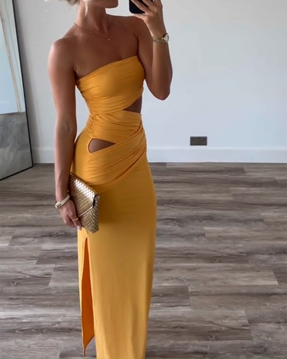 Strapless Hollow Solid Color Slit Dress