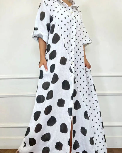 Robe chemise à imprimé pois et jupe évasée 