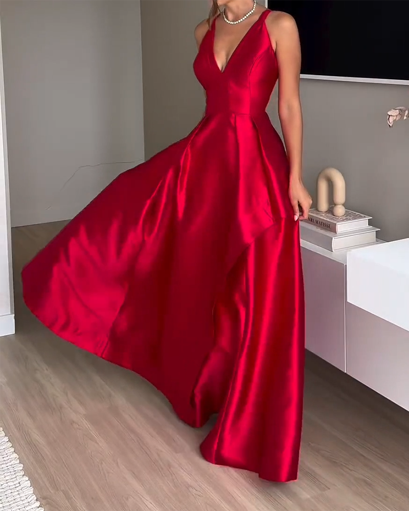 V-neck Solid Color Elegant Dress