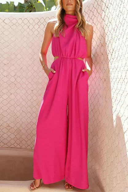 Fashion Solid Color Halter Neck Pocket Jumpsuit