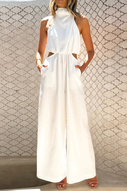 Fashion Solid Color Halter Neck Pocket Jumpsuit