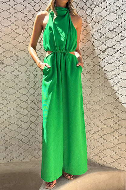 Fashion Solid Color Halter Neck Pocket Jumpsuit