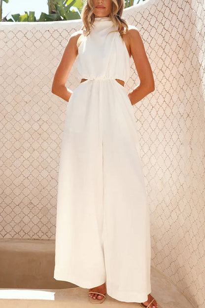 Fashion Solid Color Halter Neck Pocket Jumpsuit