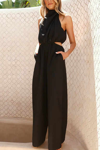 Fashion Solid Color Halter Neck Pocket Jumpsuit