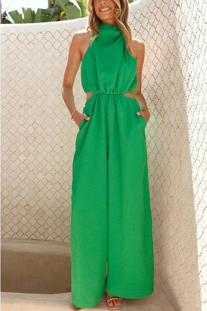 Fashion Solid Color Halter Neck Pocket Jumpsuit