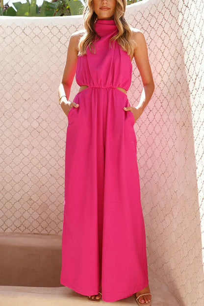 Fashion Solid Color Halter Neck Pocket Jumpsuit