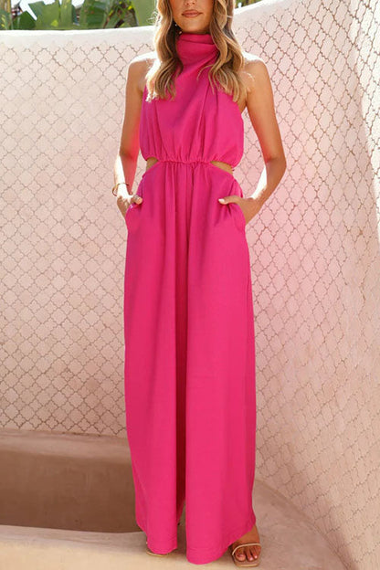 Fashion Solid Color Halter Neck Pocket Jumpsuit