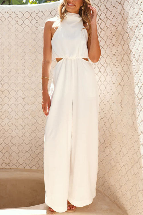 Fashion Solid Color Halter Neck Pocket Jumpsuit