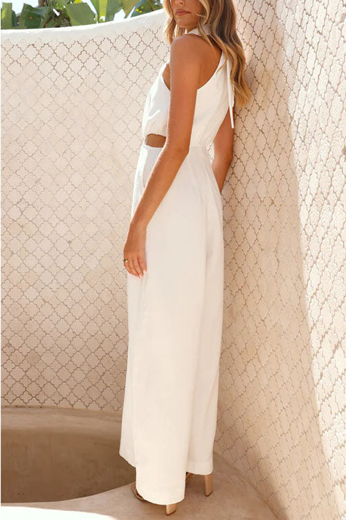 Fashion Solid Color Halter Neck Pocket Jumpsuit