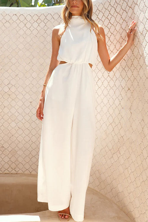 Fashion Solid Color Halter Neck Pocket Jumpsuit