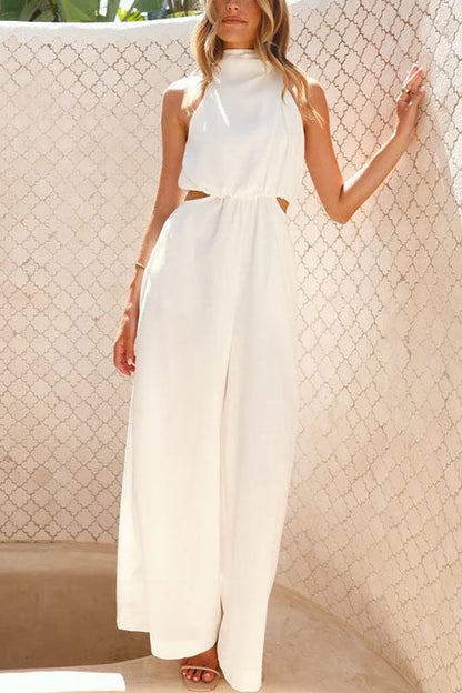 Fashion Solid Color Halter Neck Pocket Jumpsuit