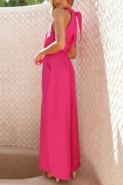 Fashion Solid Color Halter Neck Pocket Jumpsuit