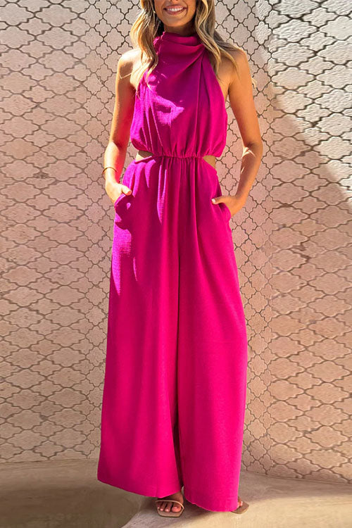 Fashion Solid Color Halter Neck Pocket Jumpsuit