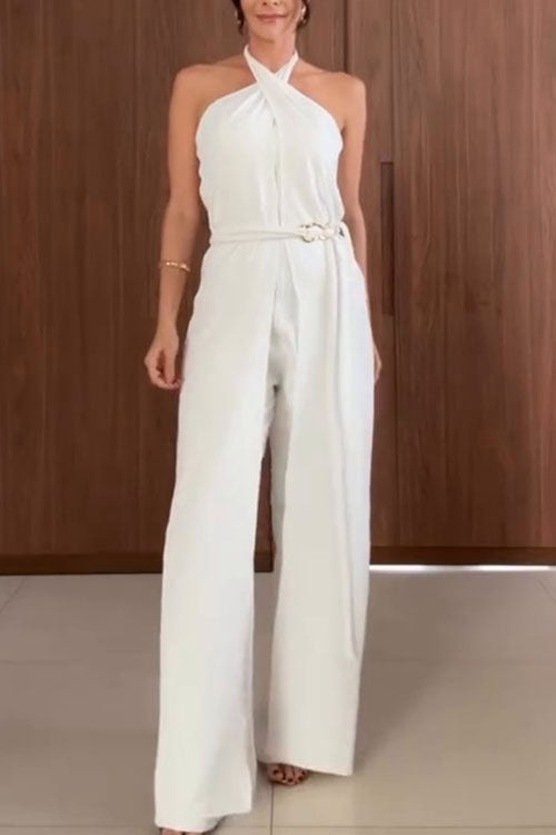 Halter Neck Solid Color Sleeveless Jumpsuit