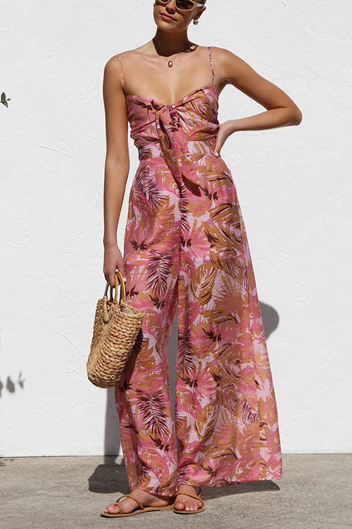 Printed Lace-up Wide-leg Suspender Jumpsuit