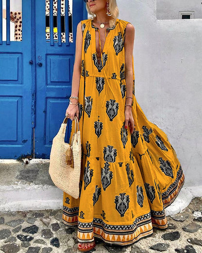 Elegant Sleeveless Mid Length Bohemian Print Dress