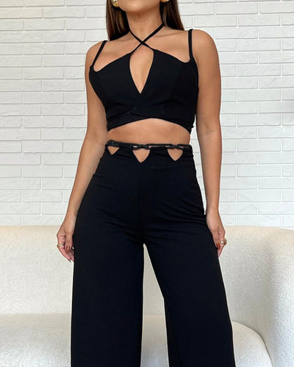 Sleeveless crossover solid color two-piece set