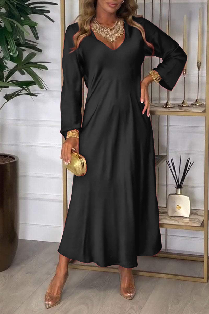 Women's V-neck Long-sleeved Satin Dress black