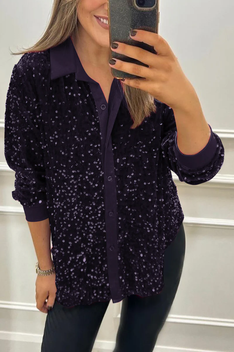 Women's Lapel Single Row Sparkly Party Shirt purple