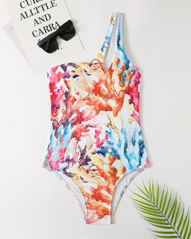 Coral-print One-shoulder Cutout Swimsuit