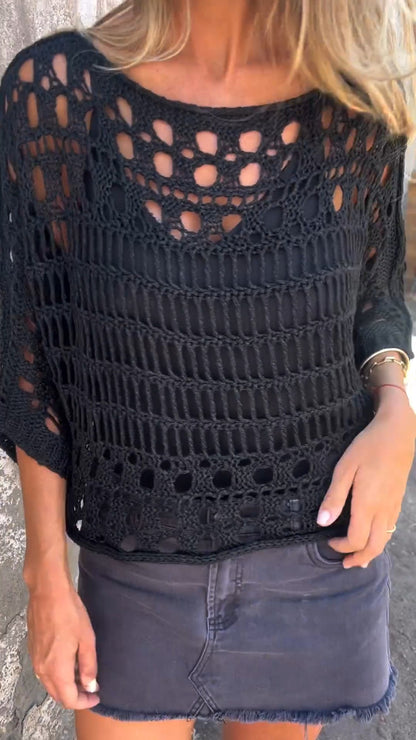 Round Neck Knitted Hollow Top black