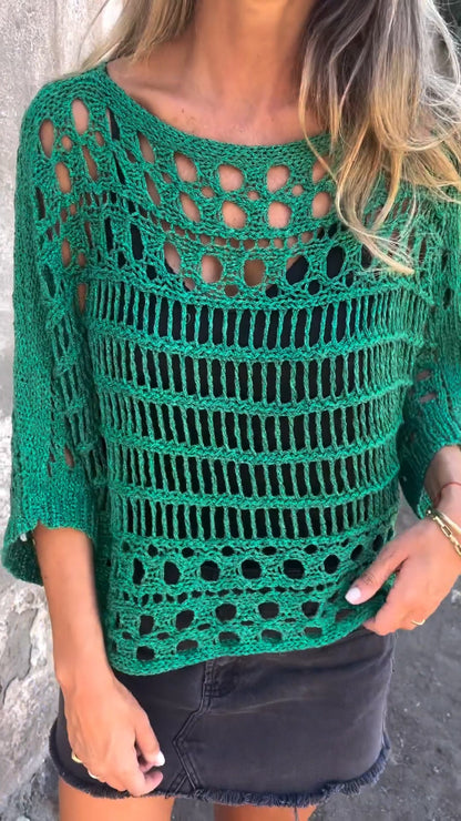 Round Neck Knitted Hollow Top green