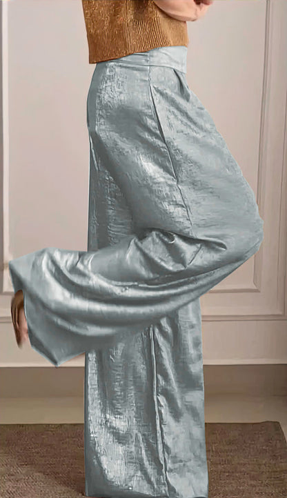 Women's Smooth Satin Half-sleeved Top and Pant Suit Two-piece pant silver