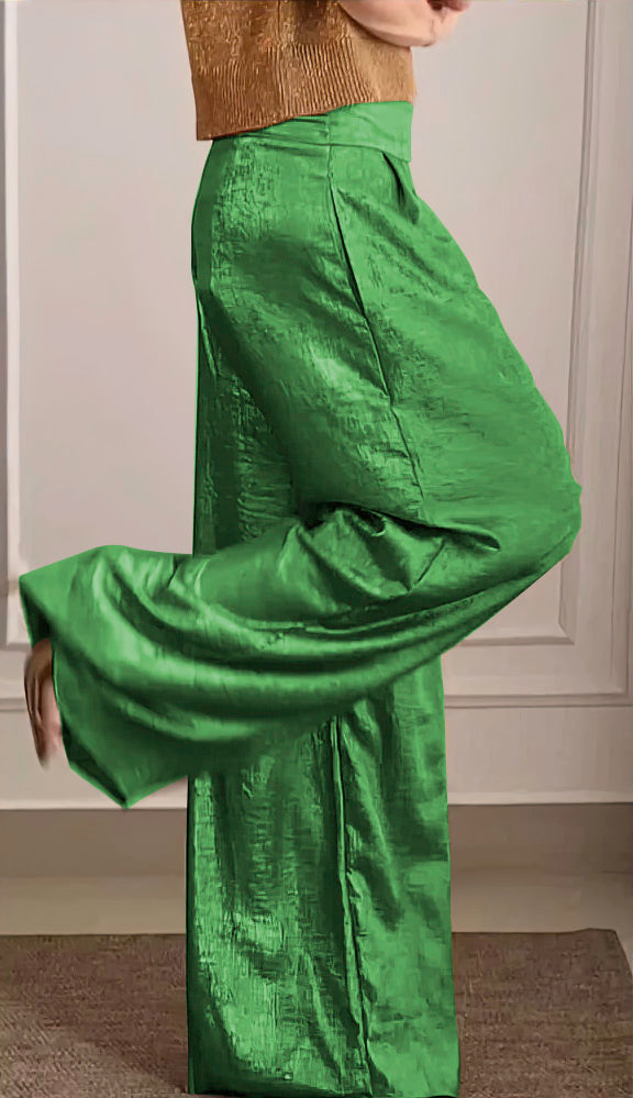 Women's Smooth Satin Half-sleeved Top and Pant Suit Two-piece pant green