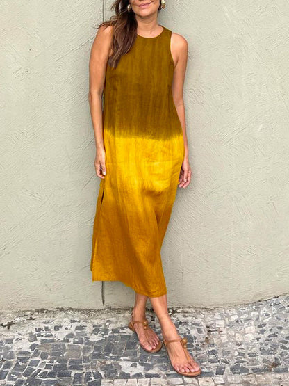 Women's casual cotton and linen sleeveless slit gradient tie-dye long dress Yellow