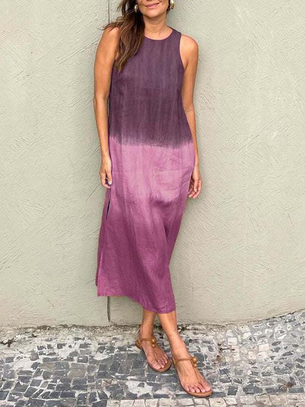 Women's casual cotton and linen sleeveless slit gradient tie-dye long dress Purple