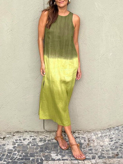 Women's casual cotton and linen sleeveless slit gradient tie-dye long dress Green