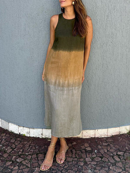 Women's casual cotton and linen sleeveless slit gradient tie-dye long dress Dark green