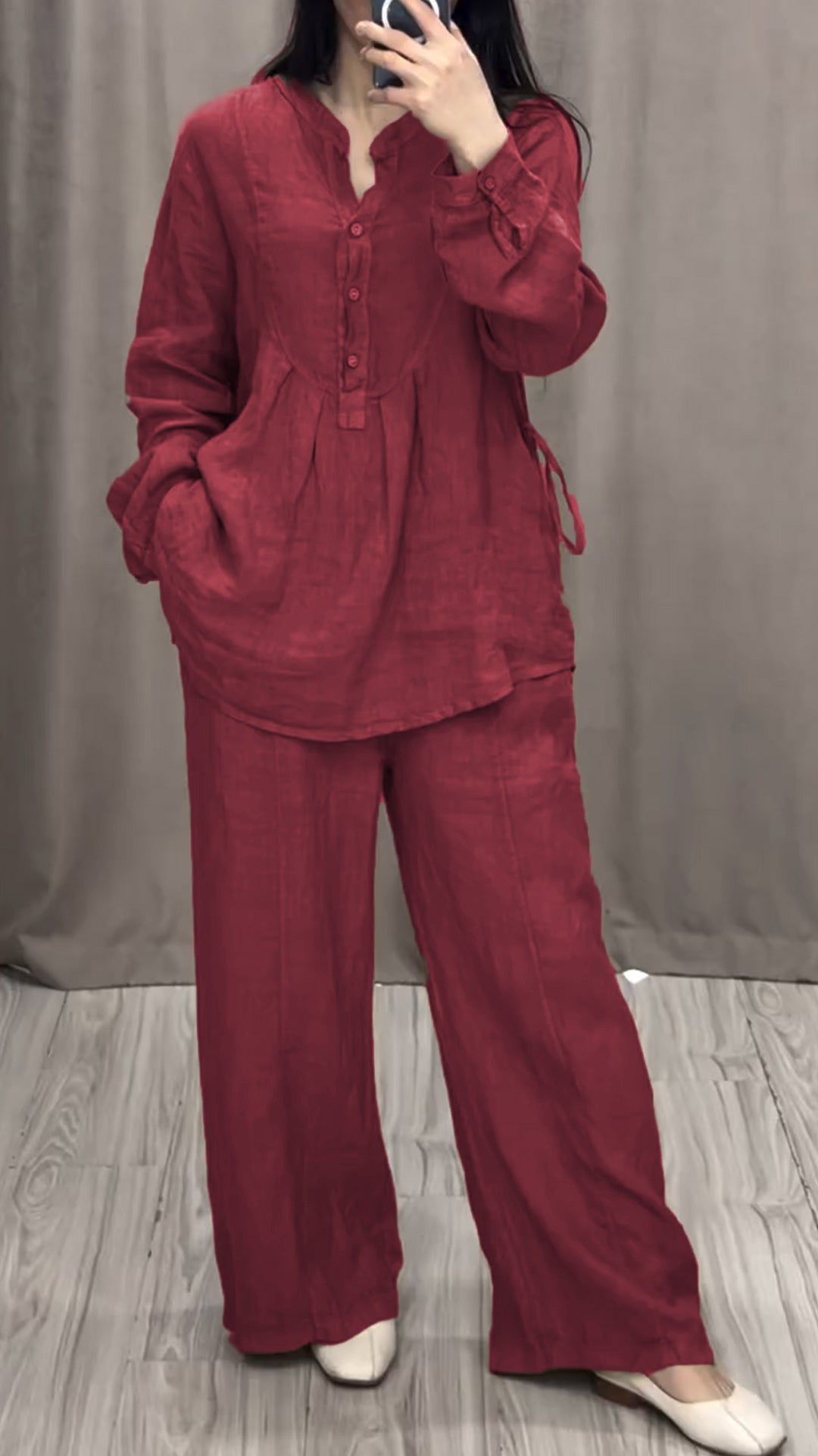 Cotton and Linen V-neck Two-piece Suit red