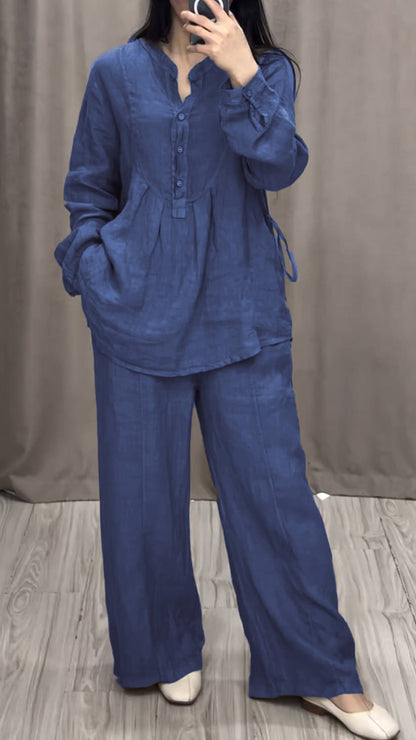 Cotton and Linen V-neck Two-piece Suit blue