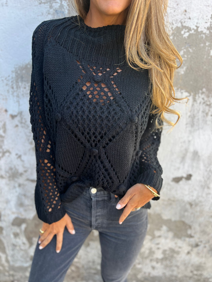 Round Neck Long Sleeve Knitted Top with Hollow Design black