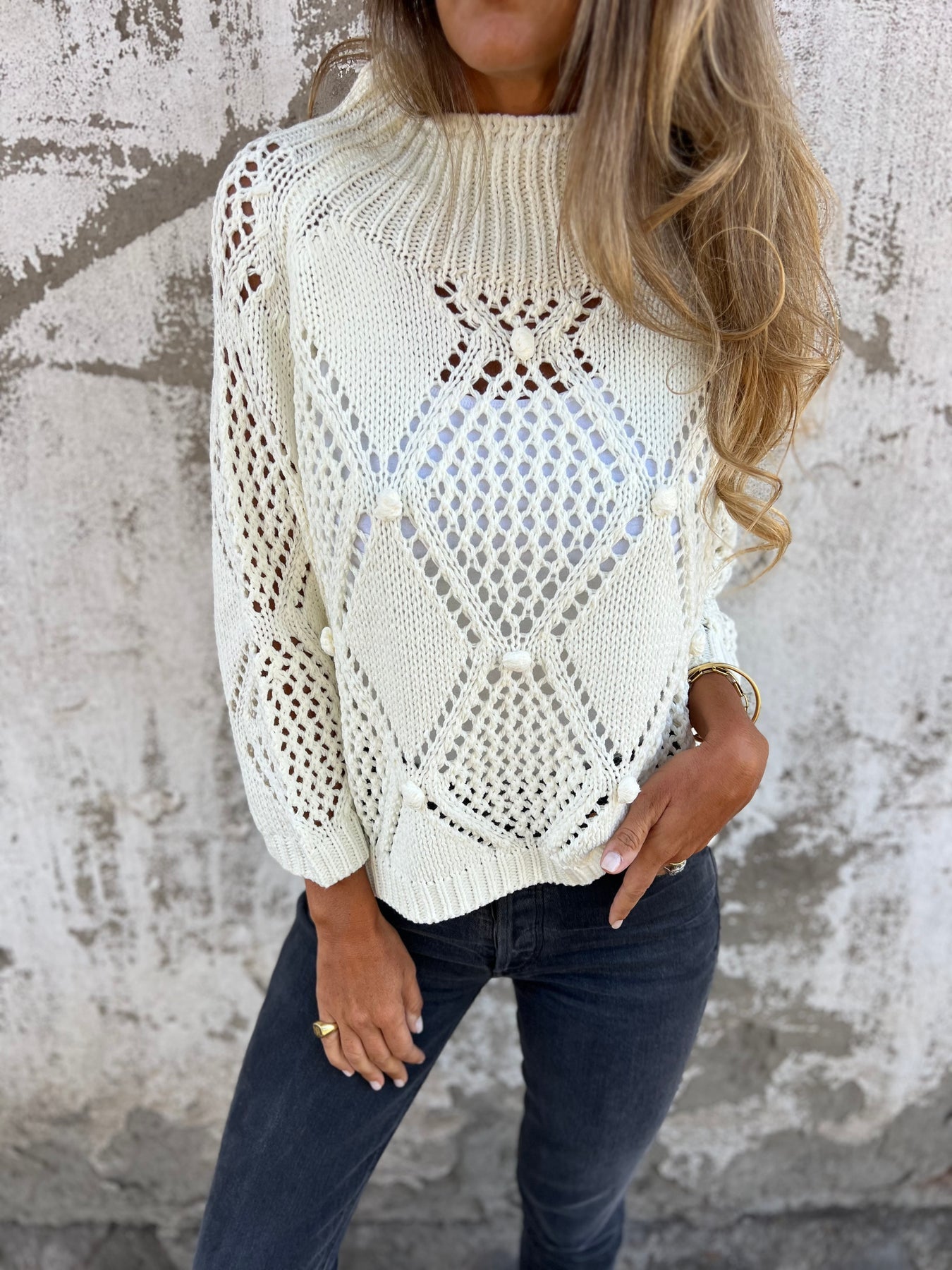 Round Neck Long Sleeve Knitted Top with Hollow Design