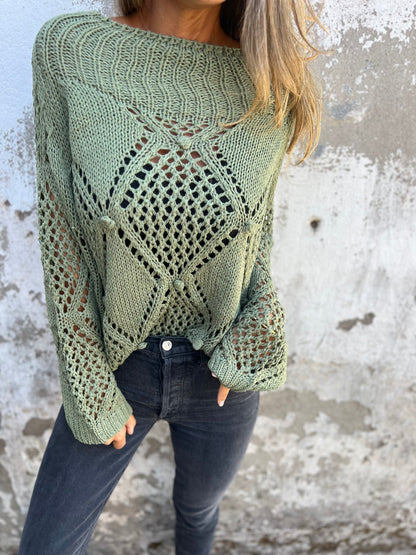 Round Neck Long Sleeve Knitted Top with Hollow Design green