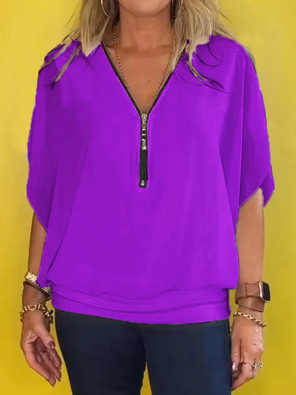 Chiffon Half-zip Short-sleeved Casual Top purple