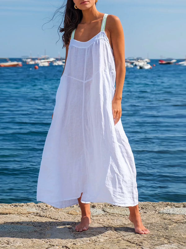 Solid Cotton and Linen Slip Dress White