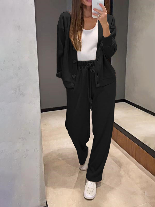 Women's Knitted Buttoned Jacket and Pants Two-piece Set