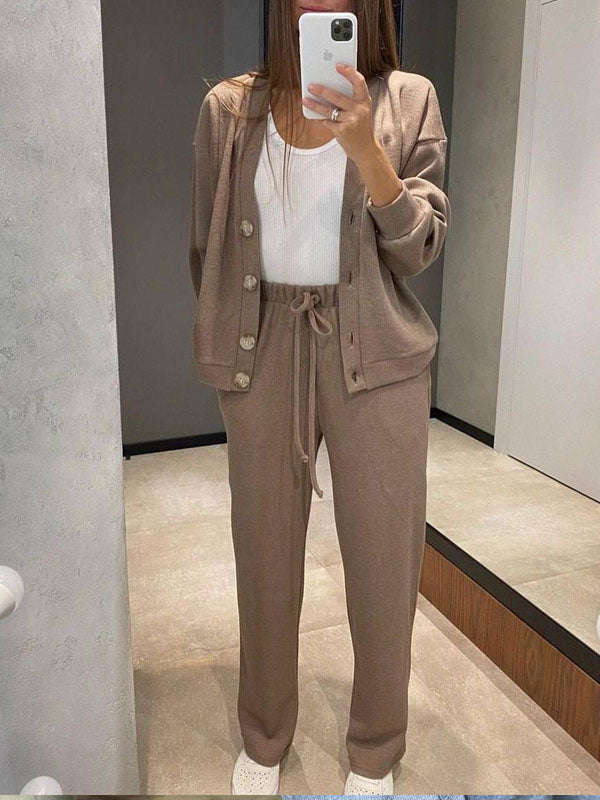 Women's Knitted Buttoned Jacket and Pants Two-piece Set