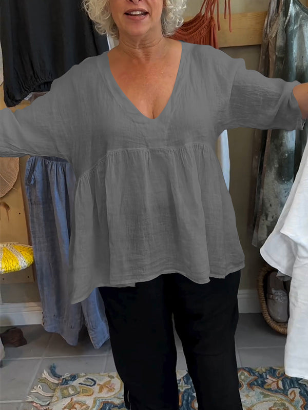 Women's V-neck Solid Color Mid-sleeve Top gray