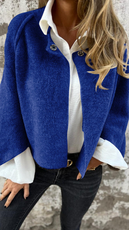 Women's Round Neck Woolen Long Sleeve Coat blue