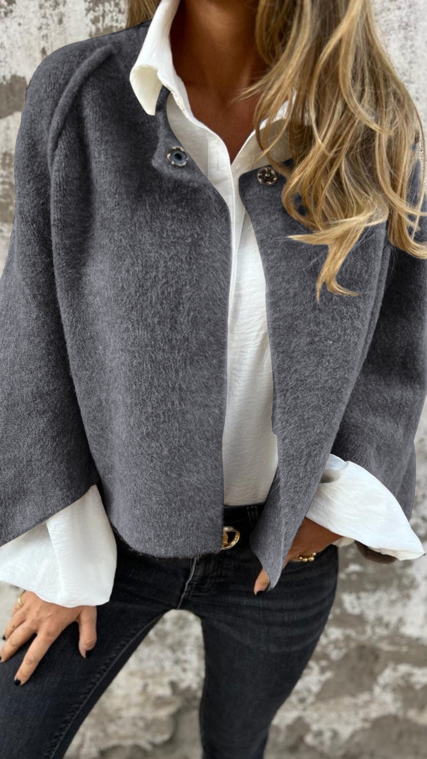 Women's Round Neck Woolen Long Sleeve Coat grey