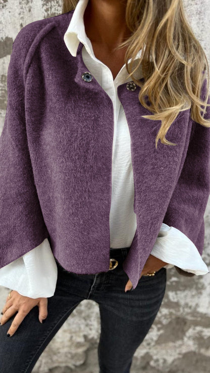 Women's Round Neck Woolen Long Sleeve Coat purple