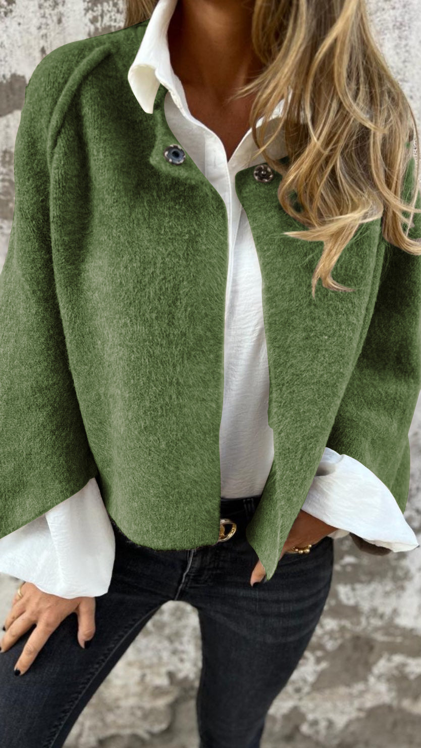 Women's Round Neck Woolen Long Sleeve Coat green