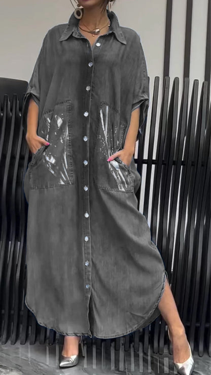 Women's Printed Lapel Short-sleeved Dress grey