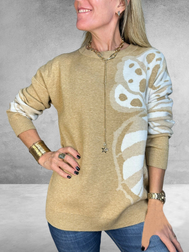 Women's Round Neck Printed Pullover Sweater apricot and white