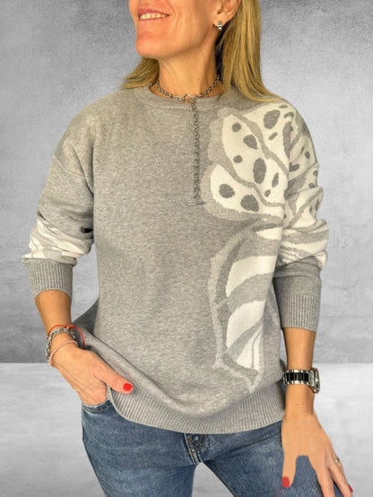 Women's Round Neck Printed Pullover Sweater gray and apricot