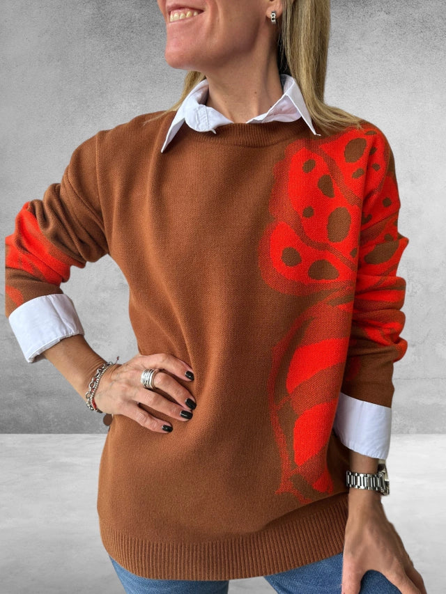 Women's Round Neck Printed Pullover Sweater brown and red